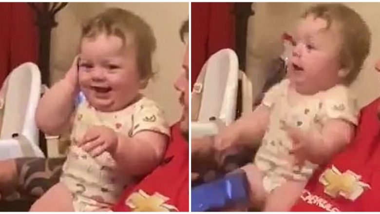 Reagimi qesharak i vogëlushes kur i cingëron telefoni në dorë…(VIDEO)