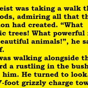 An atheist was taking a walk through the woods, admiring all that the evolution had created.