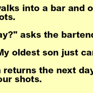 A man walks into a bar and orders three shots.