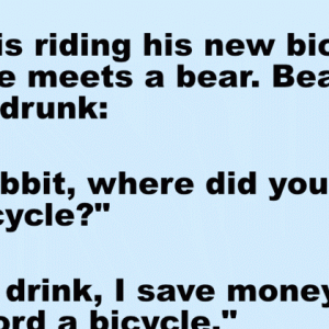 Rabbit is riding his new bicycle, when he meets bear