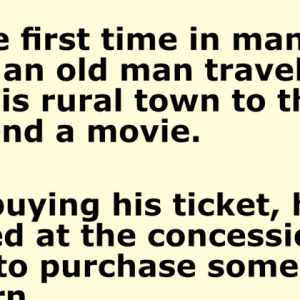 an old man traveled from his rural town to the city to attend a movie.