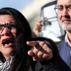 A recently resurfaced video shows Representative Rashida Tlaib refusing to explicitly condemn GettyImages-1855731537-1